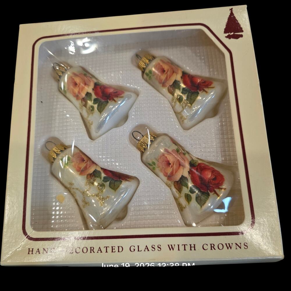 Vintage Christmas By Krebs Rose Bell Glass Ornaments Set of 4 Hand Decorated...